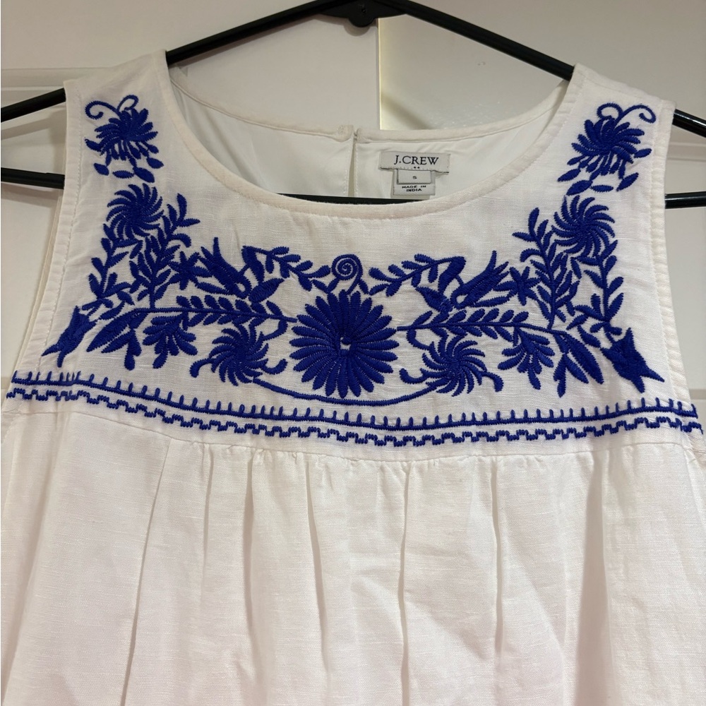 White Sleeveless Shift Dress with Blue Embroidery – Boho Summer Style - Picture 6 of 6